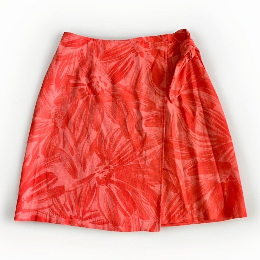 Coldwater Creek Women's Size Medium‎ Orange Floral A-Line Wrap Linen Skirt